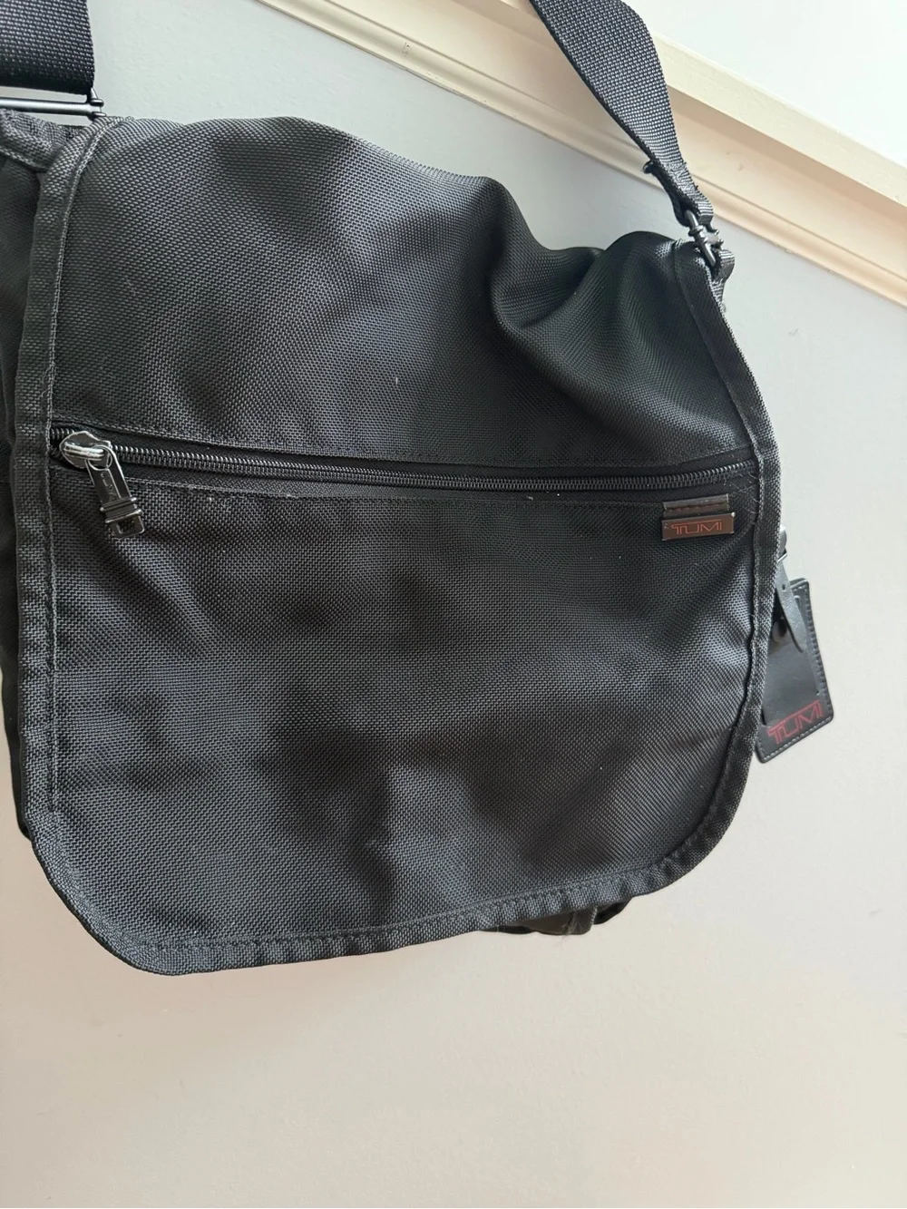 Tumi Black Nylon Messenger Bag with Front Zip Pocket